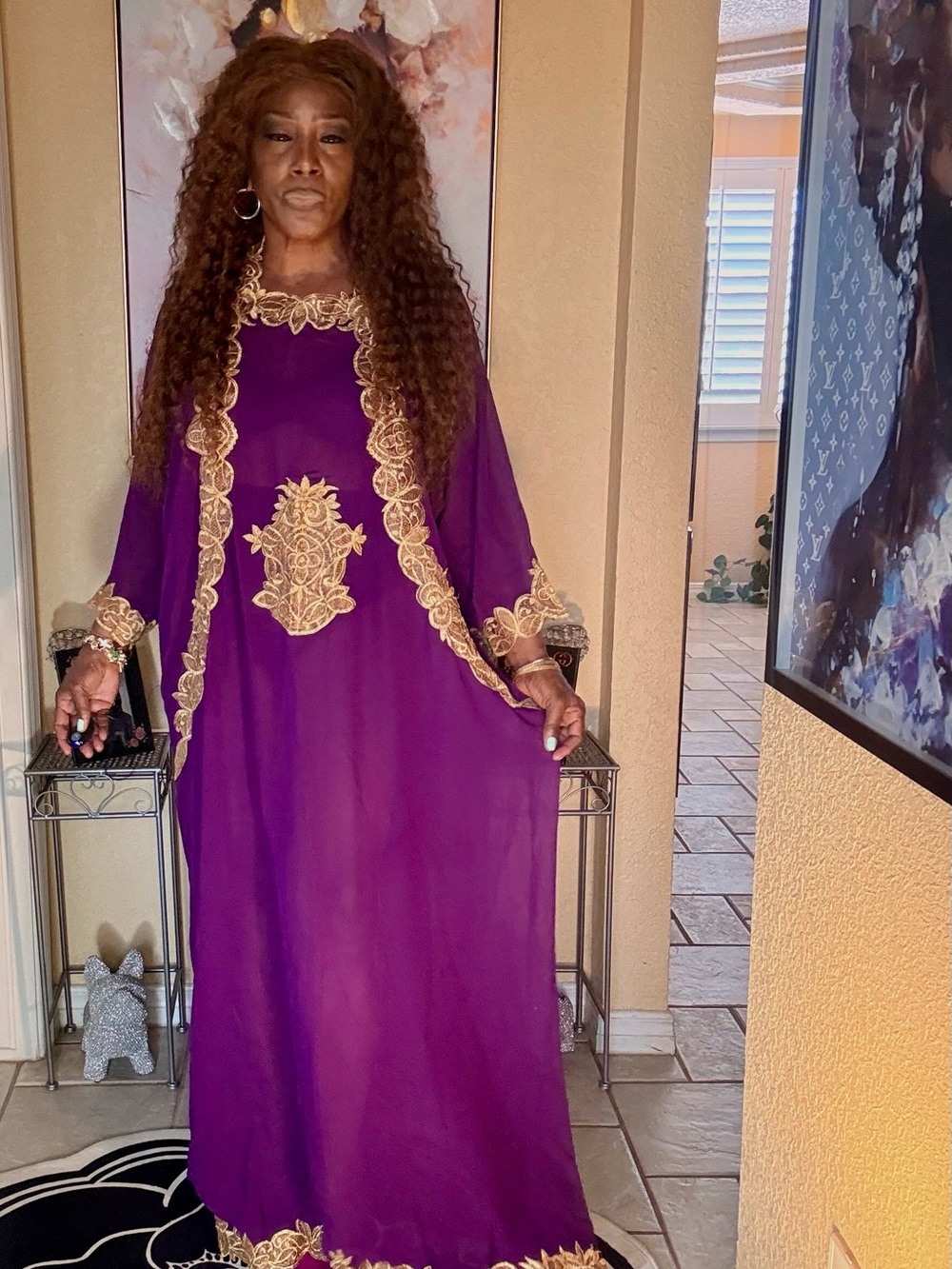 Purple Maxi Kaftan Dress with Gold Embroidered Accents - Picture 2 of 11